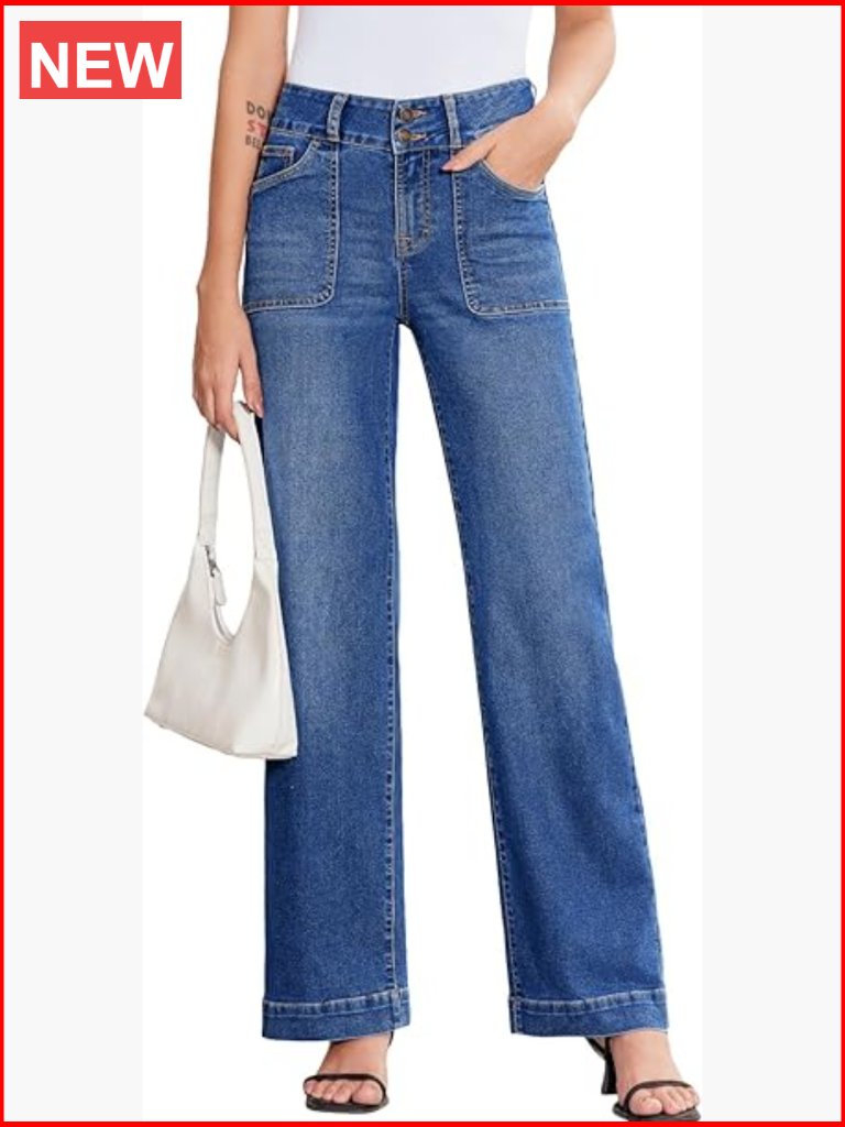 High Waisted Tummy Control Wide Leg Stretchy Straight Leg Denim Pants